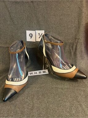 Women’s Pointed Toe Ankle Strap Pumps in Black, White & Tan